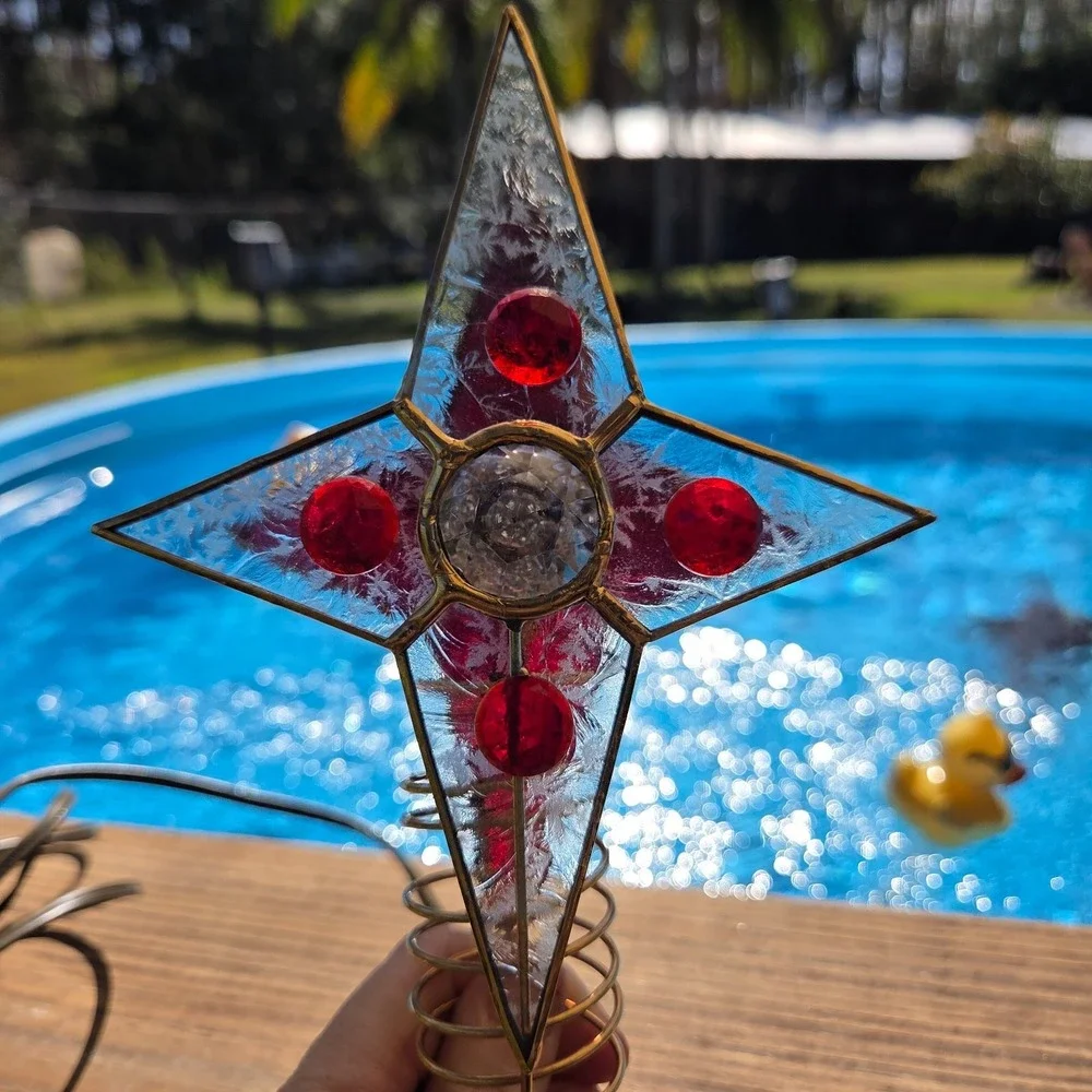 Vintage Tiffany Style‎ Stained Glass Christmas Tree Topper Lighted Red Gold